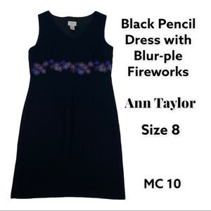 Black pencil dress with blur-ple firework designs.